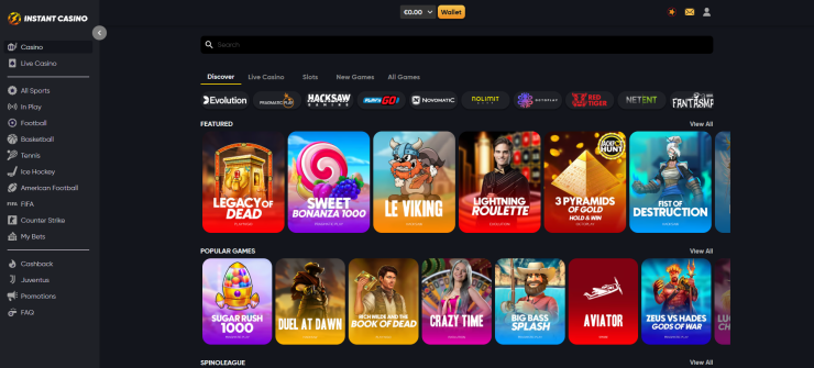 A look at some of the available games at the Instant Casino no verification Casino