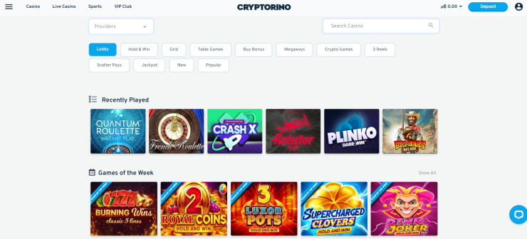 The variety of games available to play with no verification at Cryptorino Casino