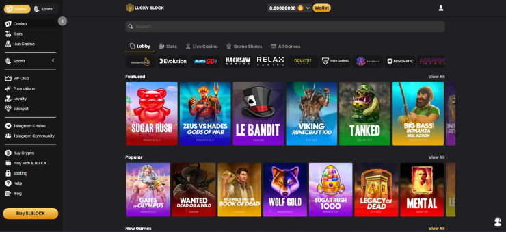 A view of Lucky Block Casino - one of the best no KYC online casinos