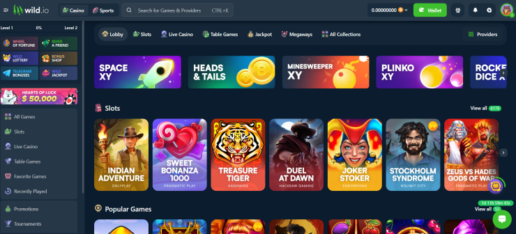A snapshot of Wild.io's casino game selection