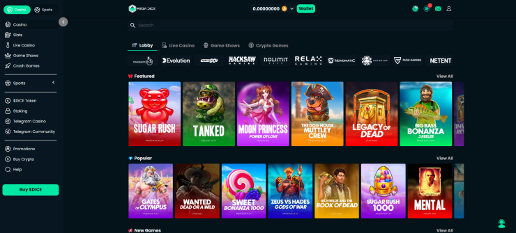 A view of Mega Dice's extensive game selection