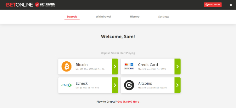 Welcome and deposit at BetOnline Idaho betting site