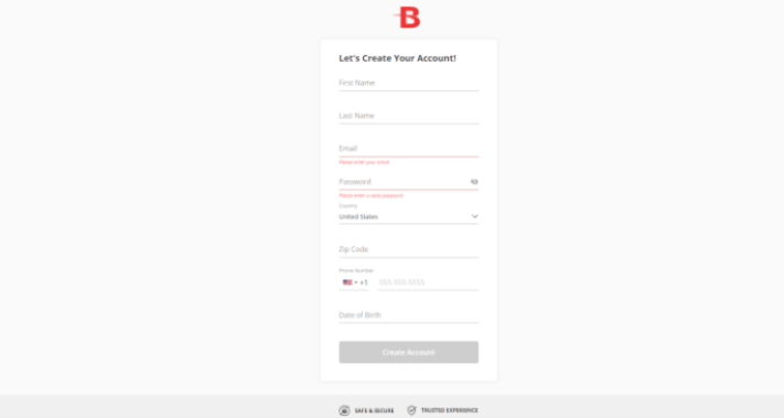 A screenshot of the registration page at Florida betting site BetOnline