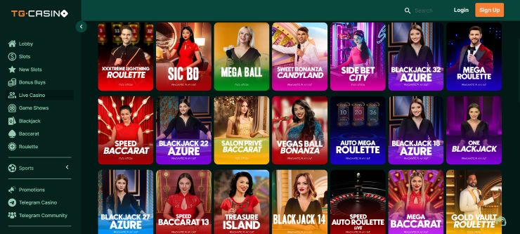 TG Casino's selection of Live Games