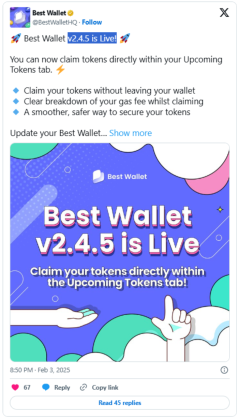 베스트 월렛 업데이트 버전 v.2.4.5 발표 트위터 공지