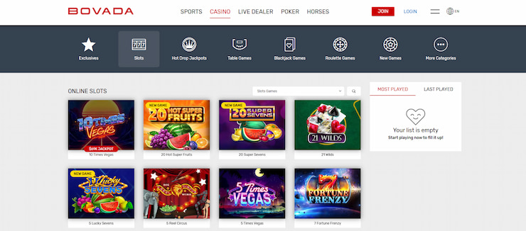 bovada Washington online casino game selection
