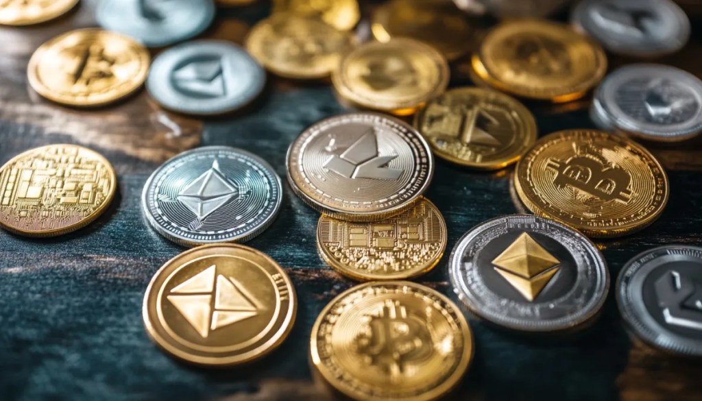 地面に転がる複数の仮想通貨コイン