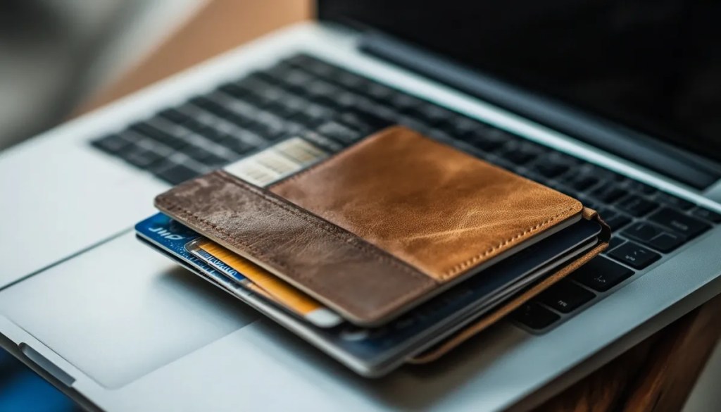 PCの上に置かれた茶色のウォレット