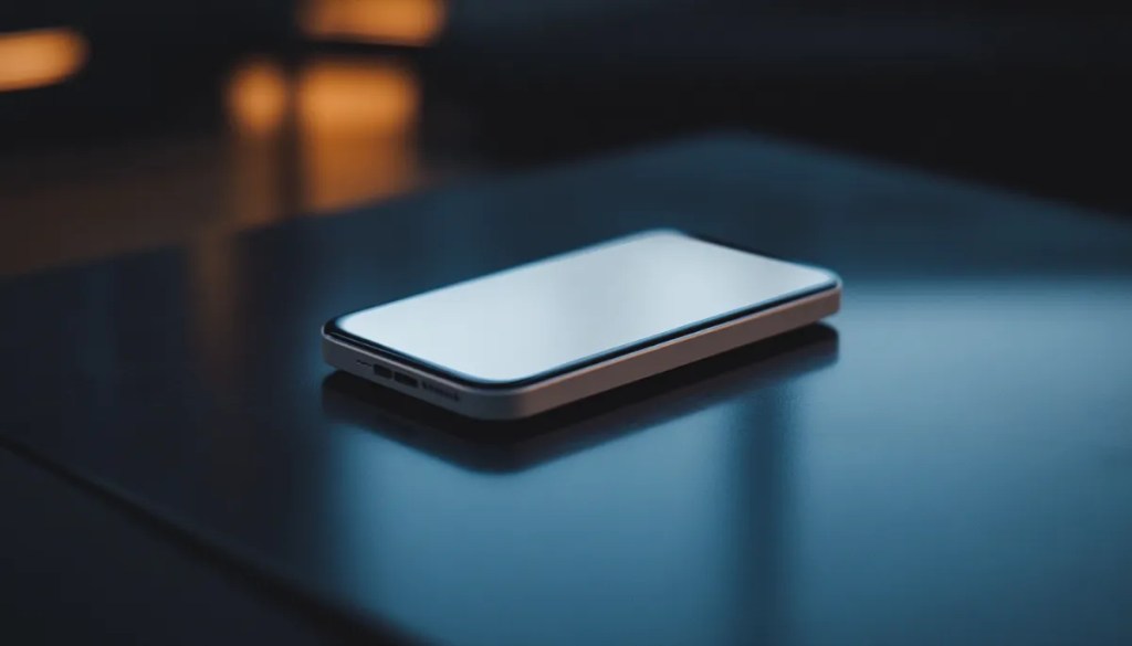 黒い光沢の机の上に置かれたスマートフォン