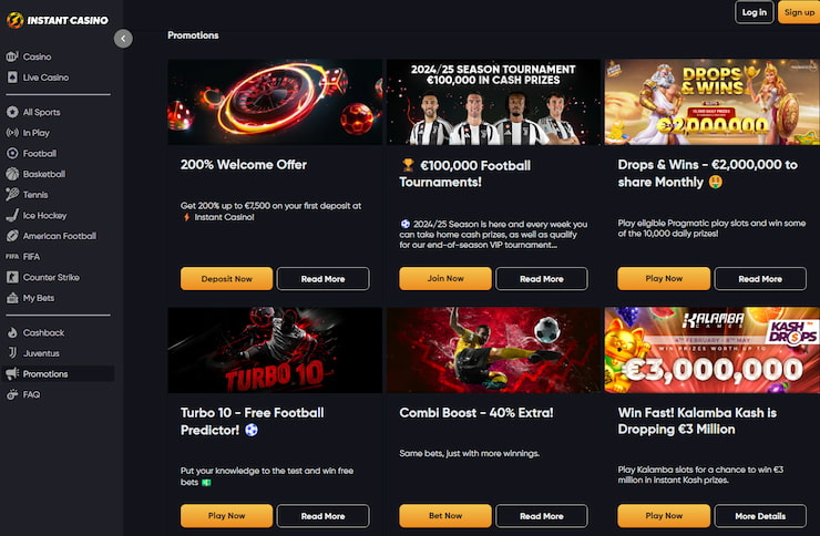 Kazino bonusi - Instant Casino - 200% depozītas atbilstības bonuss līdz $7,500 un 10% naudas atmaksa