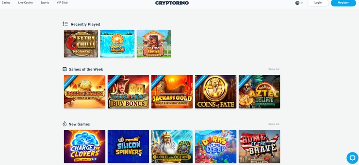 A snapshot of Cryptorino Casino, a New Bitcoin Casino