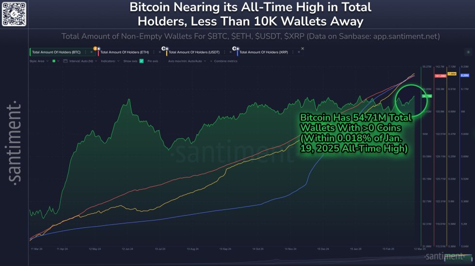 จำนวนผู้ถือครองสำหรับสกุลเงินดิจิทัลหลัก 4 ตัว ได้แก่ Bitcoin, Ethereum, XRP และ USDT