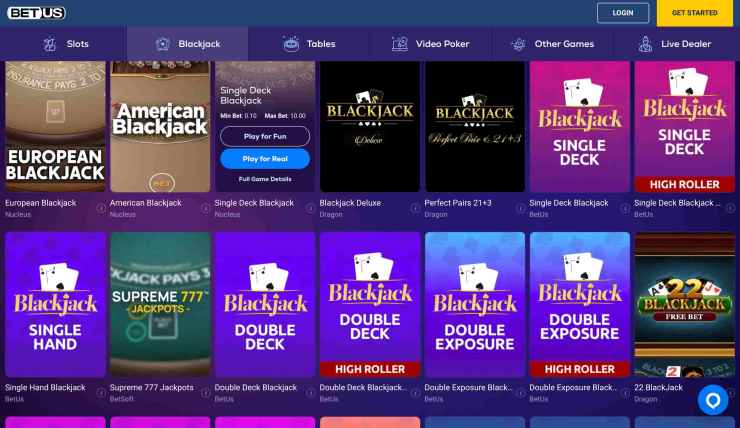Blackjack games at BetUS Casino