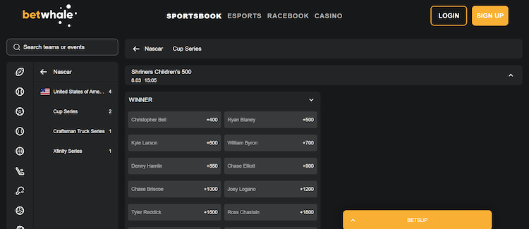 NASCAR betting sites NASCAR lines BetWhale
