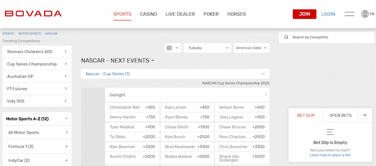 NASCAR betting sites NASCAR markets Bovada