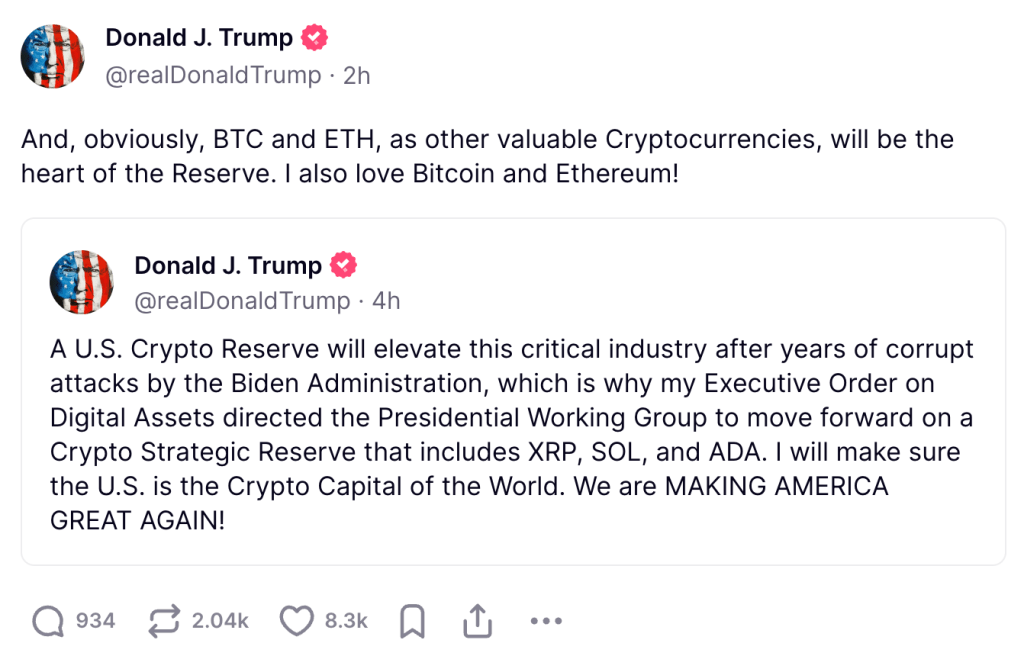 Trump ประกาศสร้าง Strategic Crypto Reserve รวมถึง Bitcoin, Ethereum, Solana, XRP และ ADA
