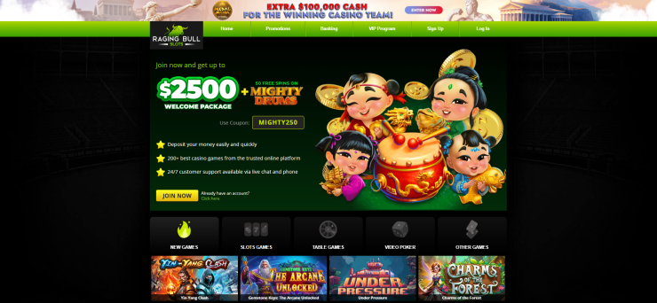 A snapshot of Raging Bull casino's home page