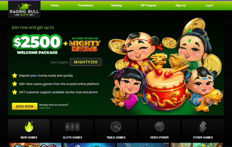 A view of the Raging Bull Casino home page