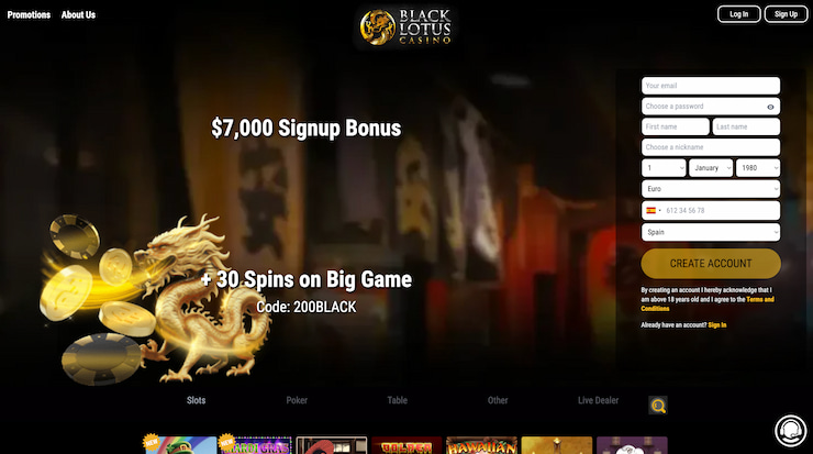 A screenshot of the Black Lotus Casino homepage, showing the registration form.