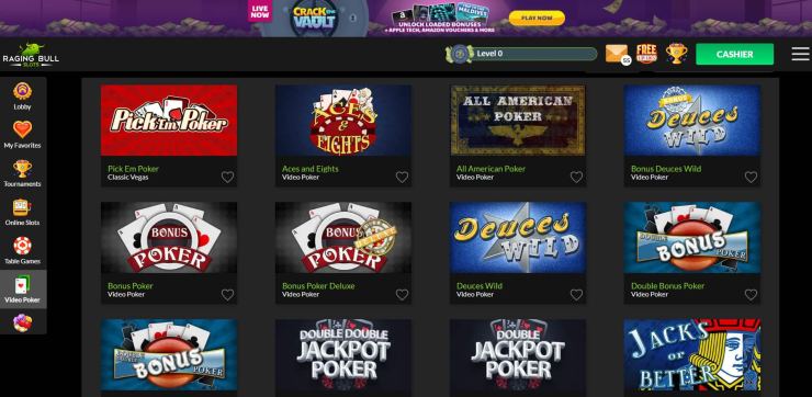 A view of the video poker slots at Raging Bull