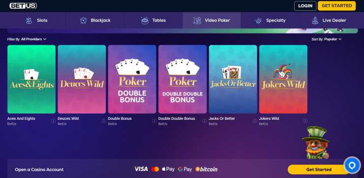A snapshot of the video poker slots section at BetUS Casino