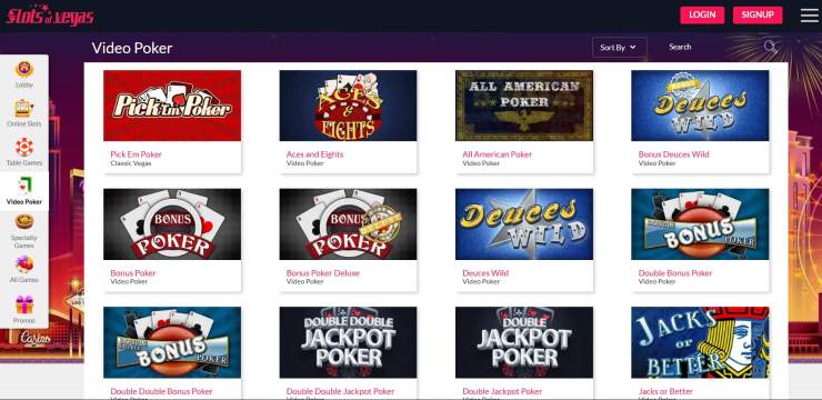 The video poker slots available at Slots of Vegas