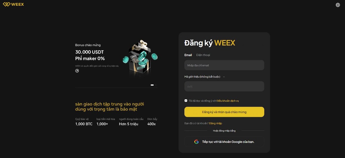 Weex sàn giao dịch tiền điện tử không KYC