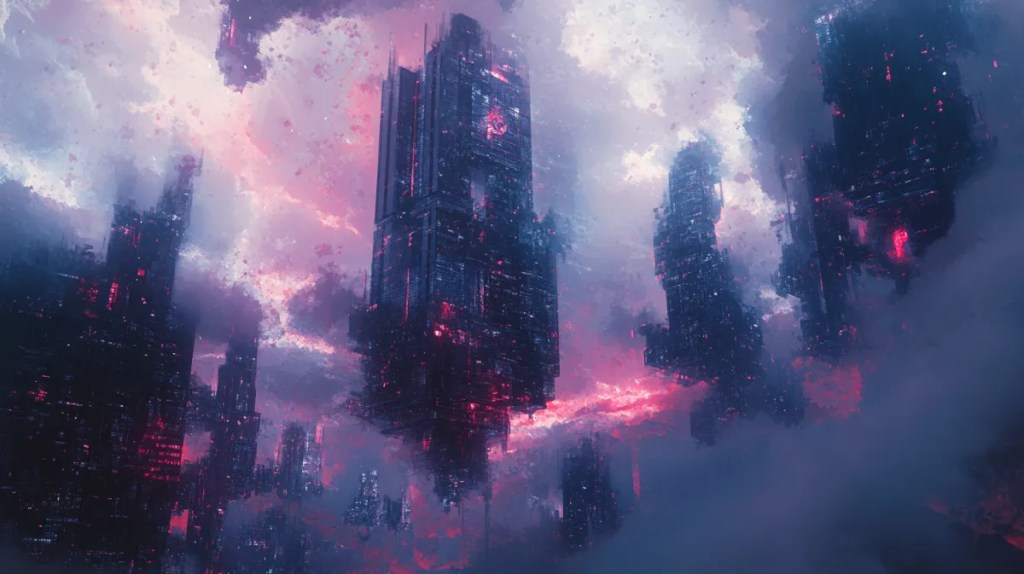 紫の世界に立つ巨塔