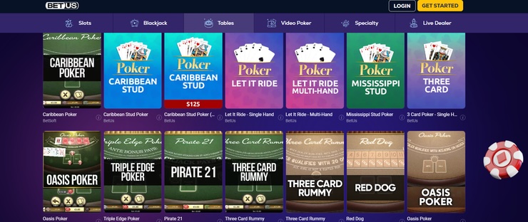 A snapshot of BetUS Casino's real money poker games