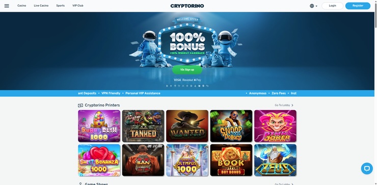 A snapshot of Cryptorino, one of the top Dogecoin Casinos of 2025