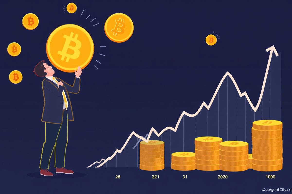 ภาพประกอบดิจิทัลของนักลงทุน Bitcoin ที่มีประสบการณ์กำลังสะสม BTC พร้อมกราฟแสดงแนวโน้มราคาที่อาจพุ่งสูงขึ้น