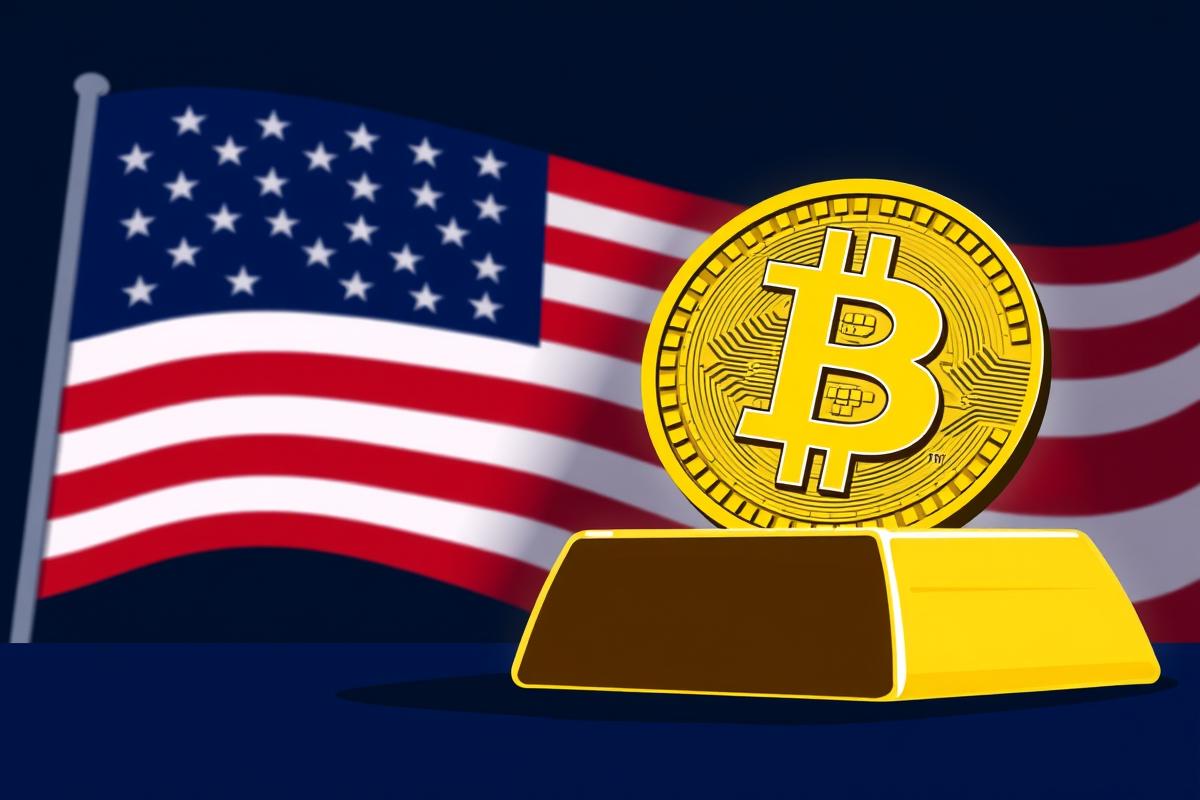 ภาพประกอบ Bitcoin (BTC) ที่มีทุนสำรองทองคำหนุนหลัง โดยมีธงชาติสหรัฐฯ เป็นพื้นหลัง