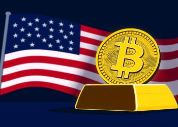 ภาพประกอบ Bitcoin (BTC) ที่มีทุนสำรองทองคำหนุนหลัง โดยมีธงชาติสหรัฐฯ เป็นพื้นหลัง