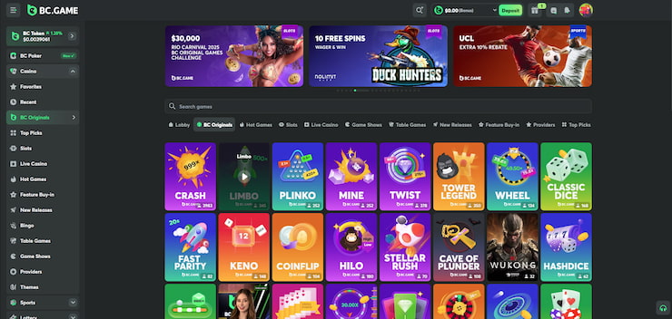 A screenshot showing the in-house games at BC.GAME.