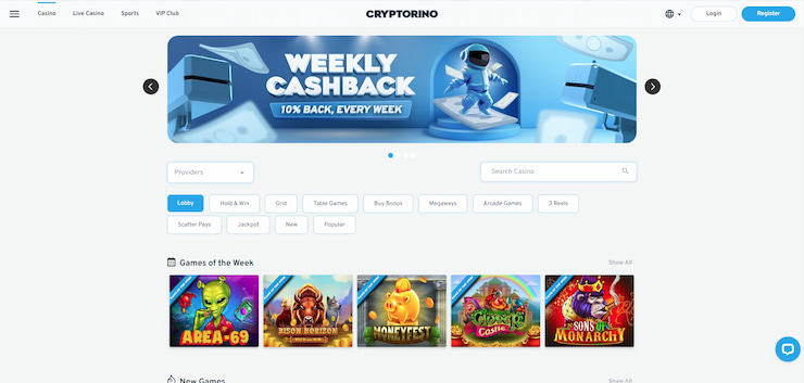 The homepage of a top USDT gambling site, Cryptorino.