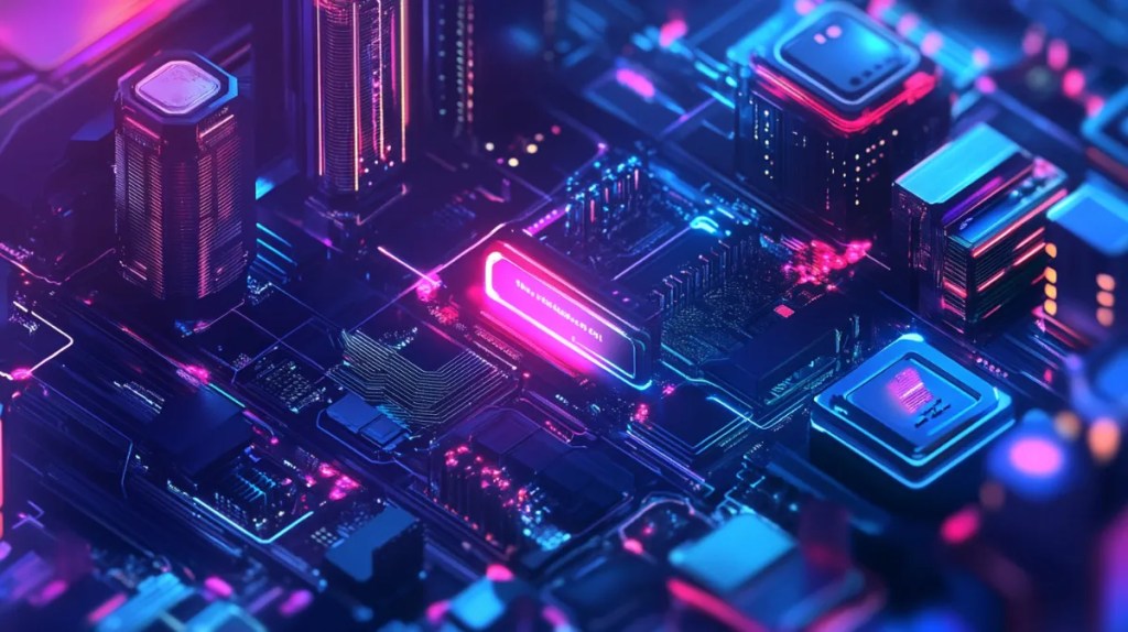 電子機器の上にある紫のデータ