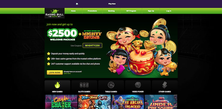 A screenshot of the Raging Bull site, one of the top-rated Visa casinos.