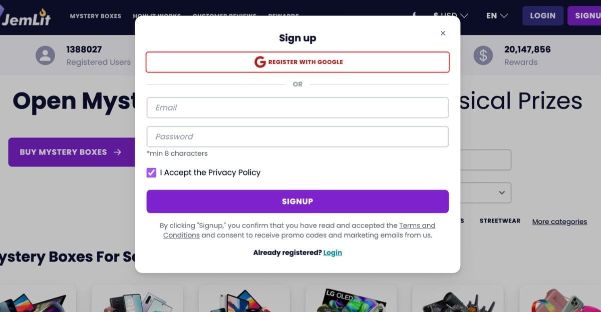 ミステリーボックスサイトJemLitの会員登録画面