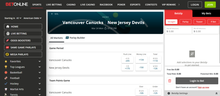 BetOnline NHL betting