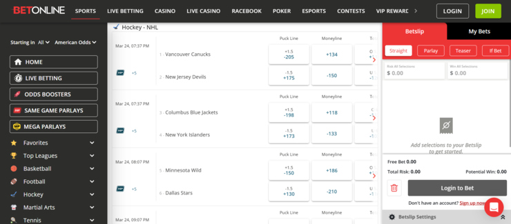 Start NHL betting on BetOnline