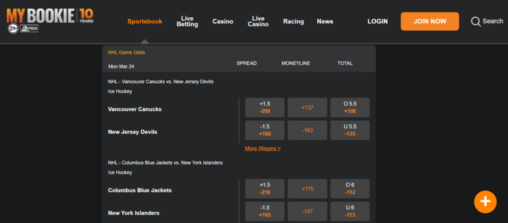 NHL betting at myBookie