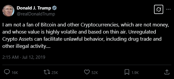 Donald Trump Bitcoin tweet 2019