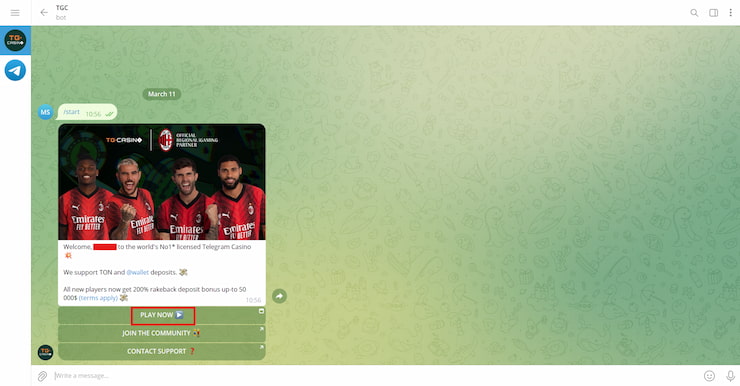 sign up at telegram casino, TG - step four