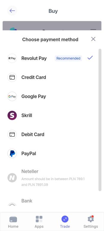 wybór metody płatności w best wallet