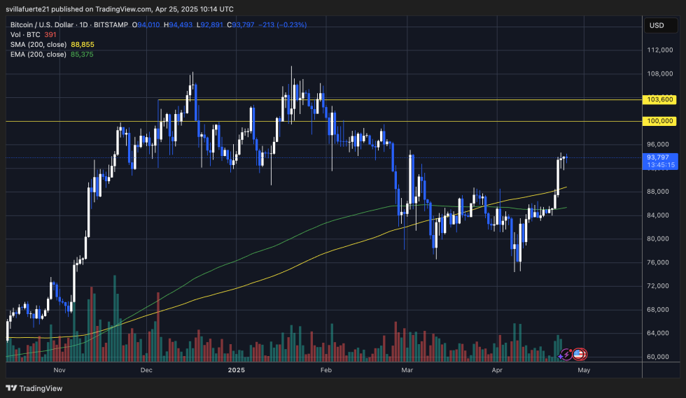 BTC trading below $95K | Source: BTCUSDT chart on TradingView