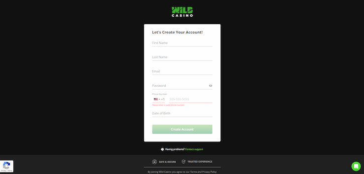 The registration page on the Wild Casino site.
