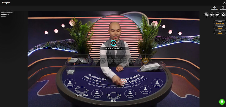 An image showing one of the live blackjack tables at Wild Casino, with a dealer dealing cards.