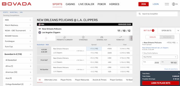 a snapshot of louisiana sports betting lines at Bovada