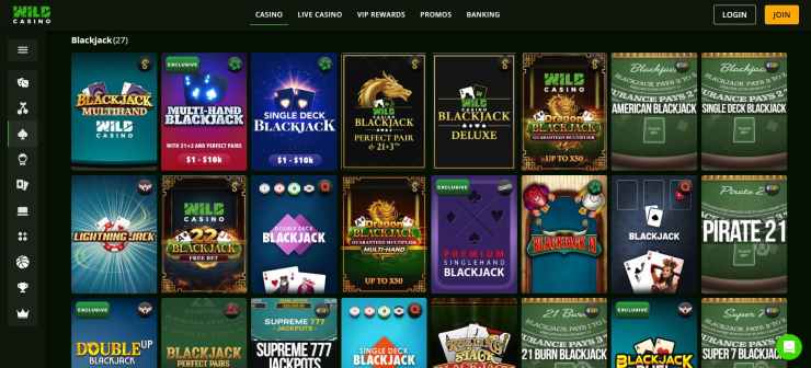 A preview of the blackjack games at Wild Casino