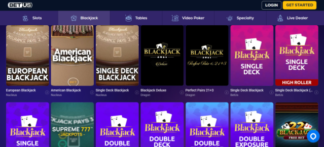 A view of BetUS Casino's blackjack games